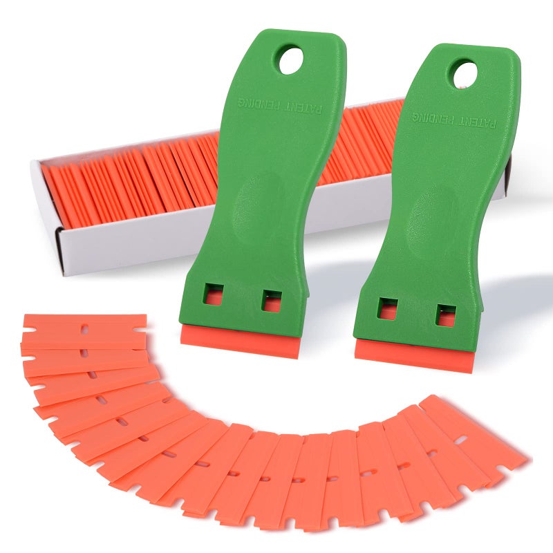 FOSHIO 2PCS Green Plastic Razor Sticker Remover Paint Scrapers with Contoured Grip + 100 PCS 1.5 inch Refillable Double Edge Plastic Razor Blades for Cleaning Adhesive Vinyl Decals Stickers Labels - Image 1